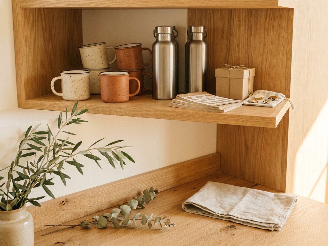 A styled shelf of everyday goods
